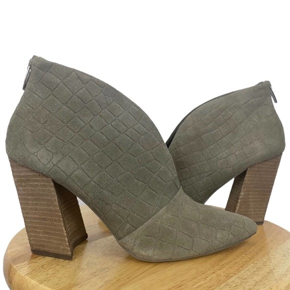 VINCE CAMUTO | Gray Steevera Suede Leather Chunky Block Heel Ankle Booties - Picture 2 of 13